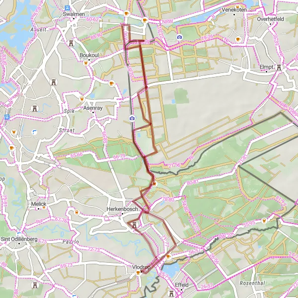 Map miniature of "Challenging Gravel Loop via Herkenbosch" cycling inspiration in Limburg (NL), Netherlands. Generated by Tarmacs.app cycling route planner