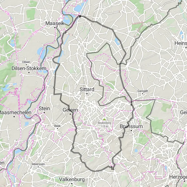 Map miniature of "Exploring the Maas Valley" cycling inspiration in Limburg (NL), Netherlands. Generated by Tarmacs.app cycling route planner