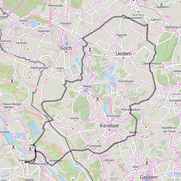 Map miniature of "The Maasduinen Loop" cycling inspiration in Limburg (NL), Netherlands. Generated by Tarmacs.app cycling route planner