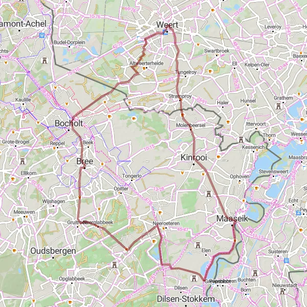 Map miniature of "Gravel Journey through Molenbeersel, Rotem, Neerglabbeek, Bree, and Weert" cycling inspiration in Limburg (NL), Netherlands. Generated by Tarmacs.app cycling route planner