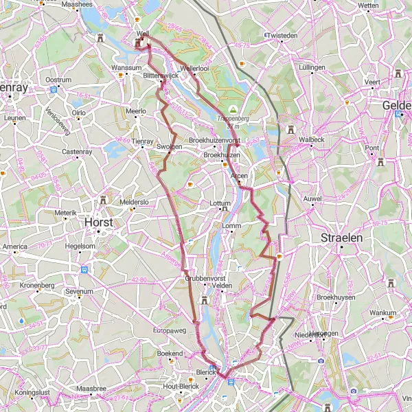 Miniatuurkaart van de fietsinspiratie "Gravelavontuur bij Arcen en Venlo" in Limburg (NL), Netherlands. Gemaakt door de Tarmacs.app fietsrouteplanner