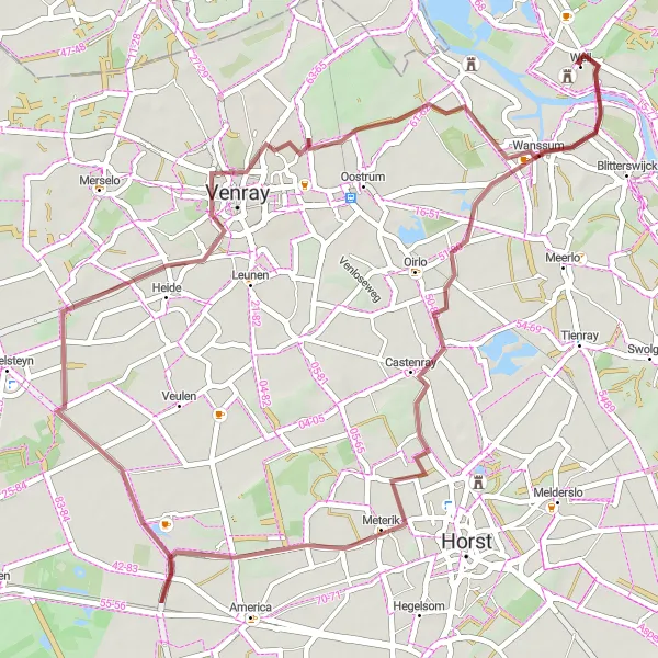 Miniatuurkaart van de fietsinspiratie "Gravelroute vanuit Well naar Meterik" in Limburg (NL), Netherlands. Gemaakt door de Tarmacs.app fietsrouteplanner