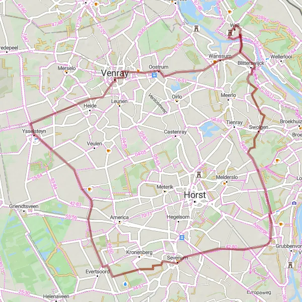 Miniatuurkaart van de fietsinspiratie "Gravelroute naar Sevenum en Oostrum" in Limburg (NL), Netherlands. Gemaakt door de Tarmacs.app fietsrouteplanner