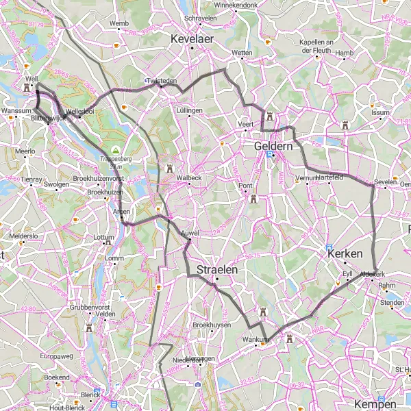 Map miniature of "Rural Roads and Waters" cycling inspiration in Limburg (NL), Netherlands. Generated by Tarmacs.app cycling route planner