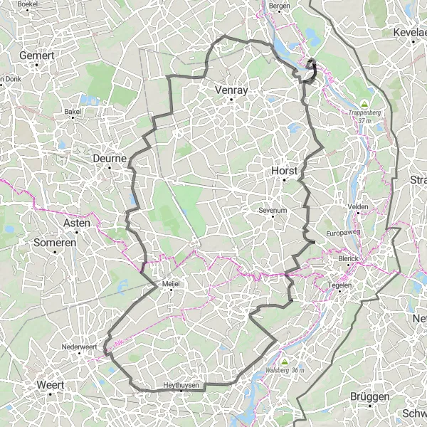 Map miniature of "Hills and Villages" cycling inspiration in Limburg (NL), Netherlands. Generated by Tarmacs.app cycling route planner
