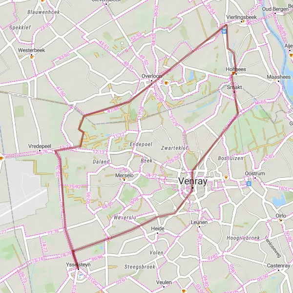 Map miniature of "The Overloon and Holthees Gravel Adventure" cycling inspiration in Limburg (NL), Netherlands. Generated by Tarmacs.app cycling route planner