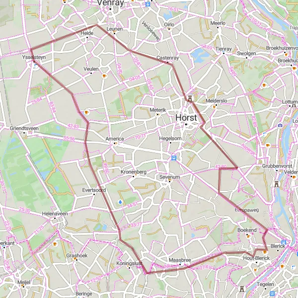 Map miniature of "Castenray Gravel Loop" cycling inspiration in Limburg (NL), Netherlands. Generated by Tarmacs.app cycling route planner