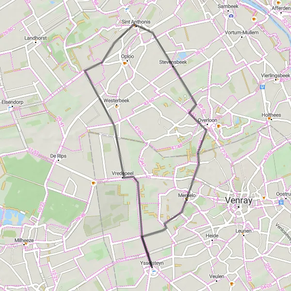 Miniatuurkaart van de fietsinspiratie "Verkenningstocht rond Ysselsteyn" in Limburg (NL), Netherlands. Gemaakt door de Tarmacs.app fietsrouteplanner