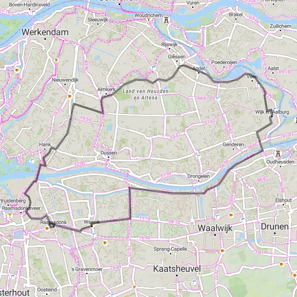 Map miniature of "Aalburg to Waspik Round-Trip" cycling inspiration in Noord-Brabant, Netherlands. Generated by Tarmacs.app cycling route planner