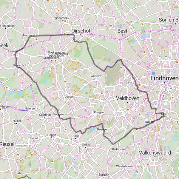 Map miniature of "Scenic Road Tour: Aalst to Gestel" cycling inspiration in Noord-Brabant, Netherlands. Generated by Tarmacs.app cycling route planner