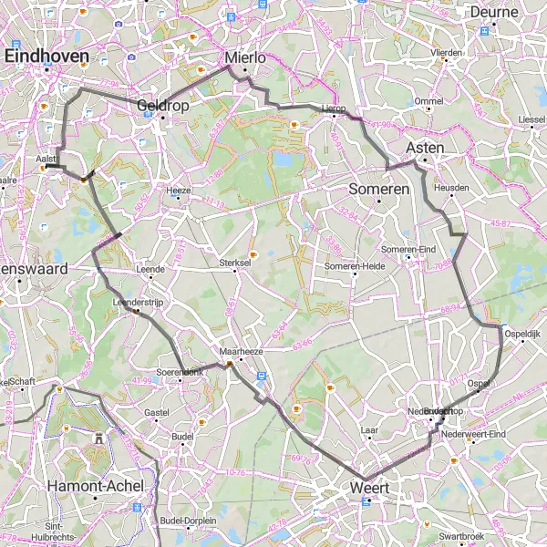 Map miniature of "Road Cycling Adventure: Aalst to Leenderstrijp" cycling inspiration in Noord-Brabant, Netherlands. Generated by Tarmacs.app cycling route planner
