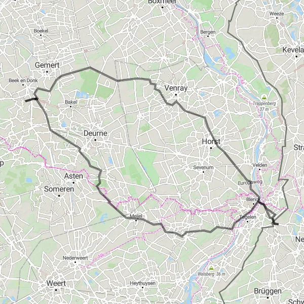 Map miniature of "The Route of Fortresses" cycling inspiration in Noord-Brabant, Netherlands. Generated by Tarmacs.app cycling route planner