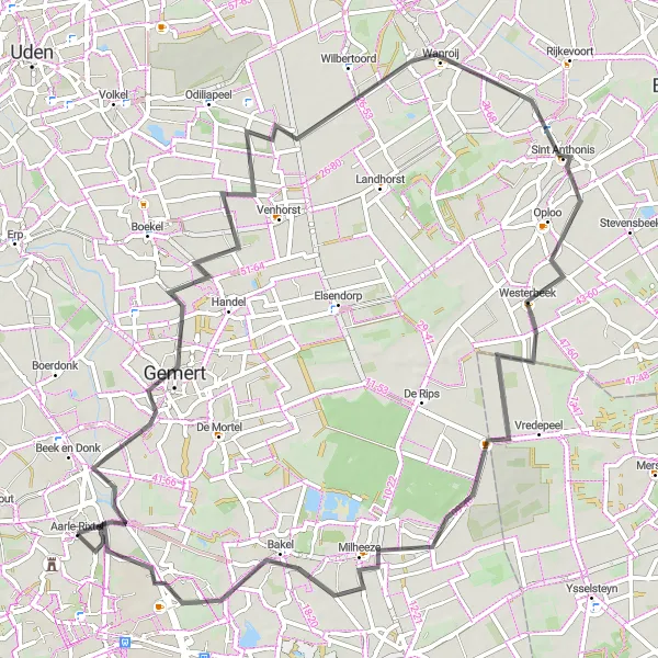 Map miniature of "The Enchanting Rural Escape" cycling inspiration in Noord-Brabant, Netherlands. Generated by Tarmacs.app cycling route planner
