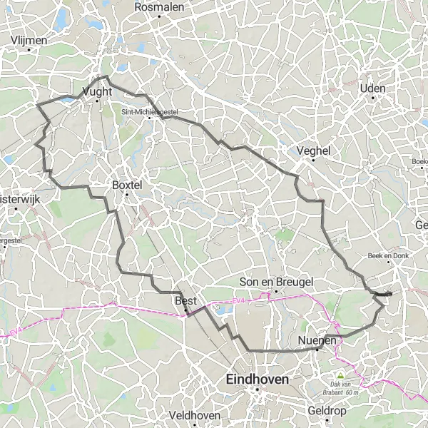 Map miniature of "Best of Brabant: Cycling Through Scenic Landscapes and Charming Villages" cycling inspiration in Noord-Brabant, Netherlands. Generated by Tarmacs.app cycling route planner