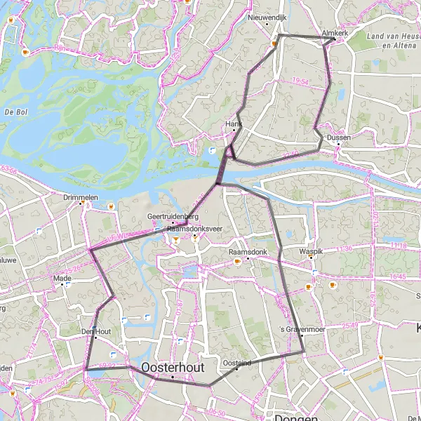 Map miniature of "Almkerk Road Cycling Route" cycling inspiration in Noord-Brabant, Netherlands. Generated by Tarmacs.app cycling route planner