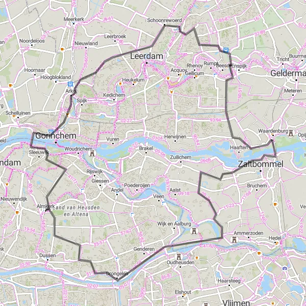 Miniatuurkaart van de fietsinspiratie "Historische fietstocht langs de rivieren" in Noord-Brabant, Netherlands. Gemaakt door de Tarmacs.app fietsrouteplanner