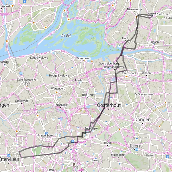 Miniatuurkaart van de fietsinspiratie "Brabantse Biesbosch Route" in Noord-Brabant, Netherlands. Gemaakt door de Tarmacs.app fietsrouteplanner