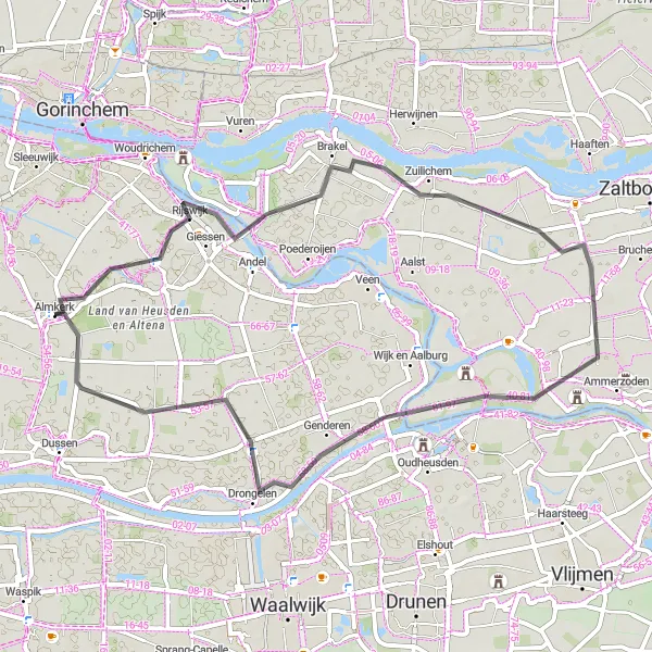 Map miniature of "Round-trip Cycling Route: Almkerk - Brakel - Gameren - Eethen - Almkerk" cycling inspiration in Noord-Brabant, Netherlands. Generated by Tarmacs.app cycling route planner