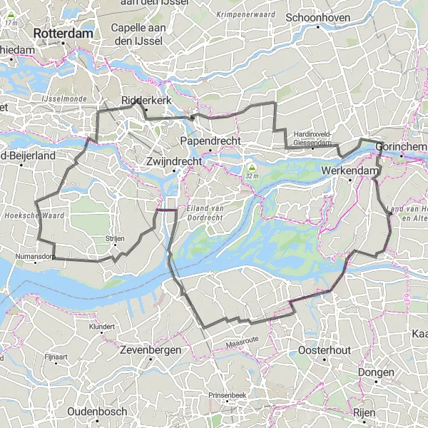 Map miniature of "Round-trip Cycling Route: Almkerk - Hank - Made - 's-Gravendeel - Klaaswaal - Barendrecht - Rijsoord - Hardinxveld-Giessendam - Schelluinen" cycling inspiration in Noord-Brabant, Netherlands. Generated by Tarmacs.app cycling route planner