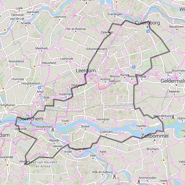 Map miniature of "Round-trip Cycling Route: Almkerk - Gorinchem - Leerdam - Everdingen - Enspijk - Nieuwaal - Poederoijen" cycling inspiration in Noord-Brabant, Netherlands. Generated by Tarmacs.app cycling route planner