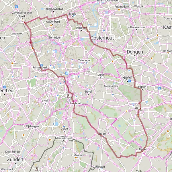 Map miniature of "Gravel Route: Alphen and Surrounding Villages" cycling inspiration in Noord-Brabant, Netherlands. Generated by Tarmacs.app cycling route planner