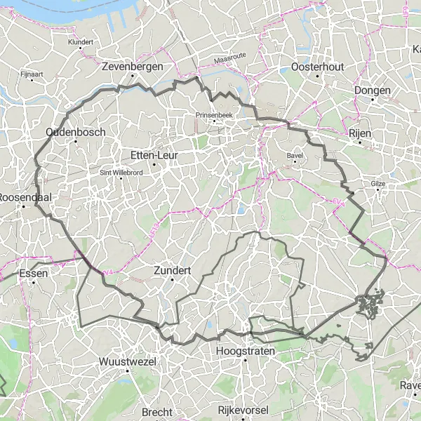 Map miniature of "Minderhout to Alphen Roundtrip" cycling inspiration in Noord-Brabant, Netherlands. Generated by Tarmacs.app cycling route planner