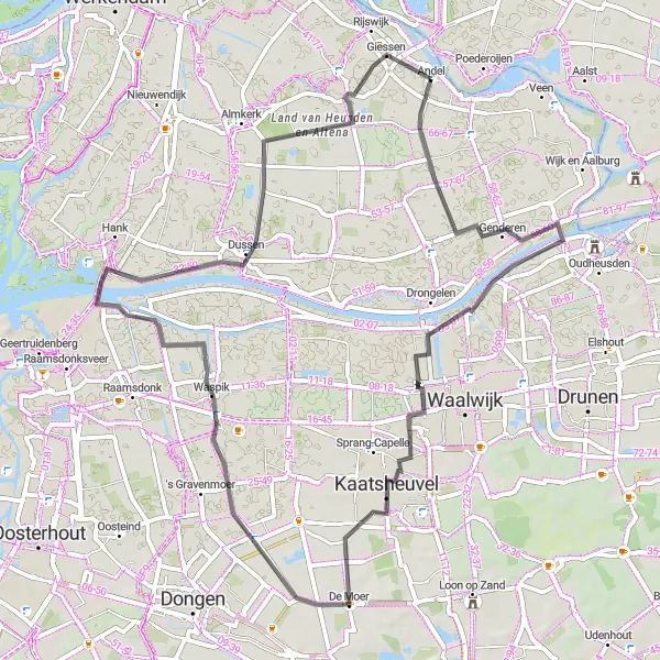 Miniatuurkaart van de fietsinspiratie "Ontdek de Land van Heusden en Altena" in Noord-Brabant, Netherlands. Gemaakt door de Tarmacs.app fietsrouteplanner