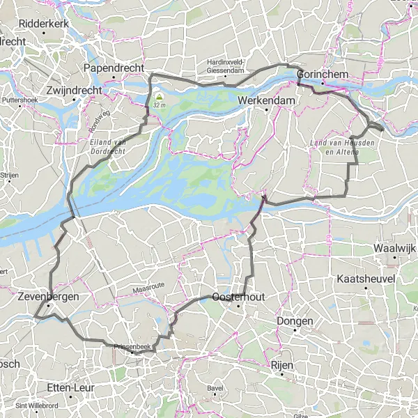 Map miniature of "Riverine Discovery" cycling inspiration in Noord-Brabant, Netherlands. Generated by Tarmacs.app cycling route planner