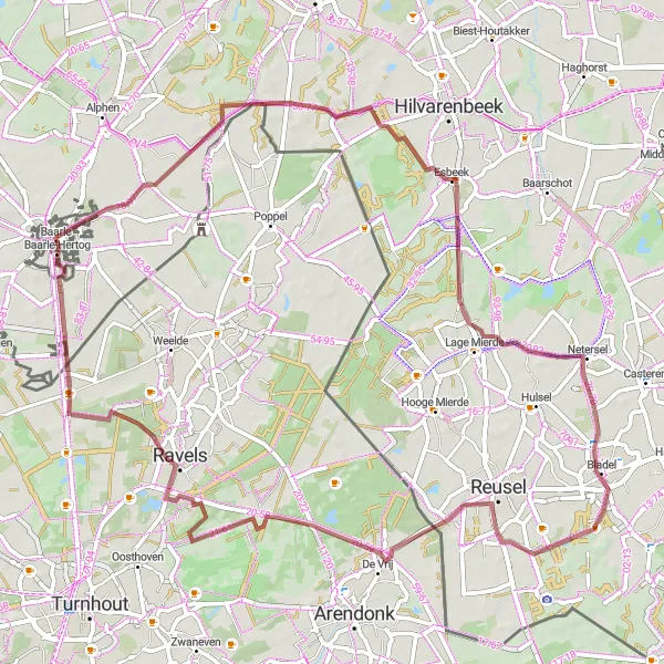 Miniatuurkaart van de fietsinspiratie "Gravelavontuur naar Ravels" in Noord-Brabant, Netherlands. Gemaakt door de Tarmacs.app fietsrouteplanner