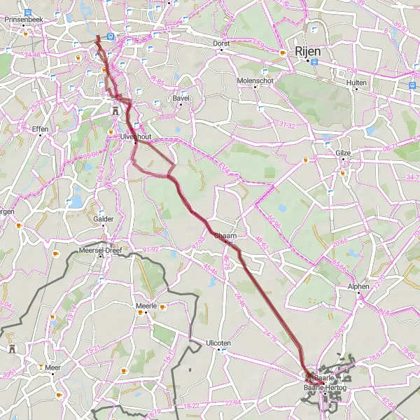 Miniatuurkaart van de fietsinspiratie "Landelijke tocht door Noord-Brabant" in Noord-Brabant, Netherlands. Gemaakt door de Tarmacs.app fietsrouteplanner