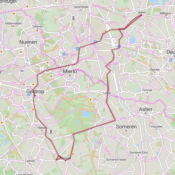 Miniatuurkaart van de fietsinspiratie "Natuurlijke Schatten van Lierop naar Bakel" in Noord-Brabant, Netherlands. Gemaakt door de Tarmacs.app fietsrouteplanner