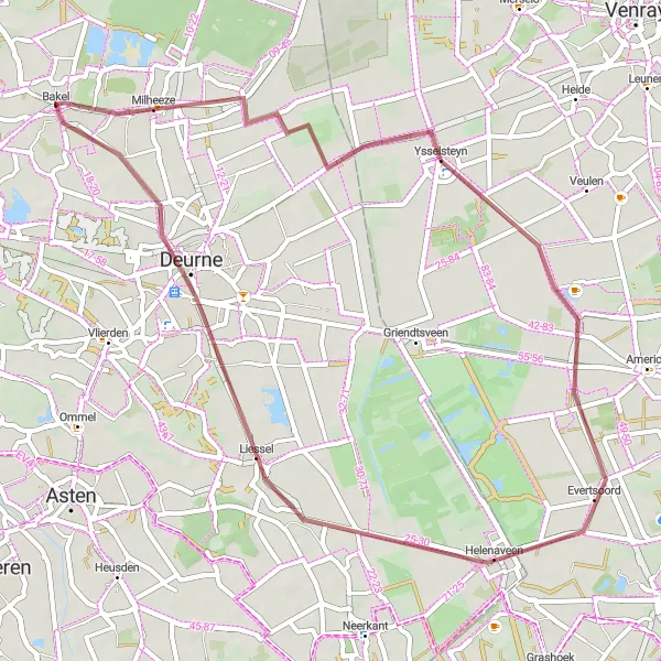 Miniatuurkaart van de fietsinspiratie "Gravelroute rond Bakel via Milheeze en Helenaveen" in Noord-Brabant, Netherlands. Gemaakt door de Tarmacs.app fietsrouteplanner