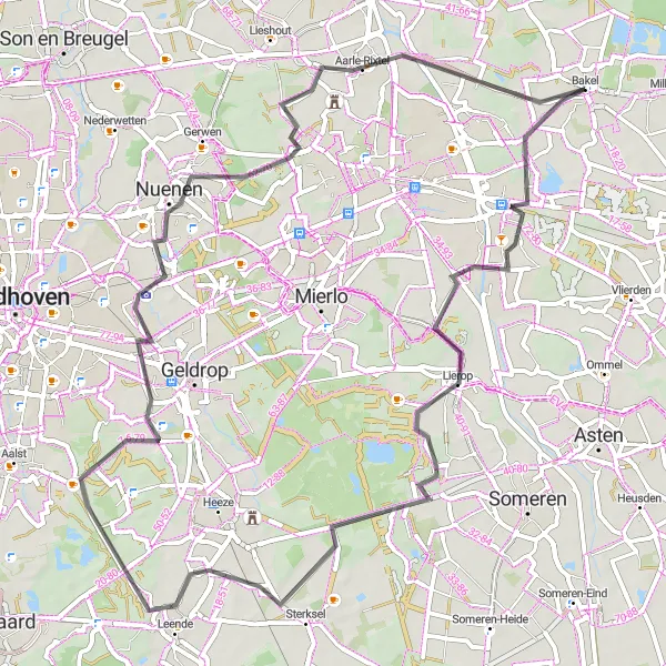 Miniatuurkaart van de fietsinspiratie "Culinaire Roadtrip van Bakel naar Muizenhol" in Noord-Brabant, Netherlands. Gemaakt door de Tarmacs.app fietsrouteplanner