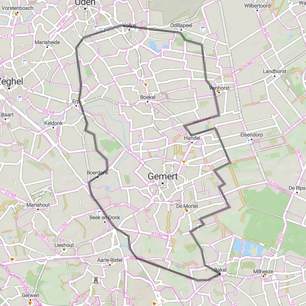 Map miniature of "Beek en Donk Loop" cycling inspiration in Noord-Brabant, Netherlands. Generated by Tarmacs.app cycling route planner