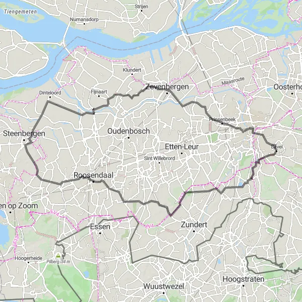 Miniatuurkaart van de fietsinspiratie "Verkenning van Moerstraten en Zevenbergen per racefiets" in Noord-Brabant, Netherlands. Gemaakt door de Tarmacs.app fietsrouteplanner