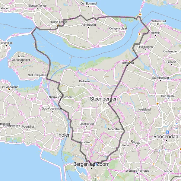 Miniatuurkaart van de fietsinspiratie "Krammer-Volkerak Route" in Noord-Brabant, Netherlands. Gemaakt door de Tarmacs.app fietsrouteplanner