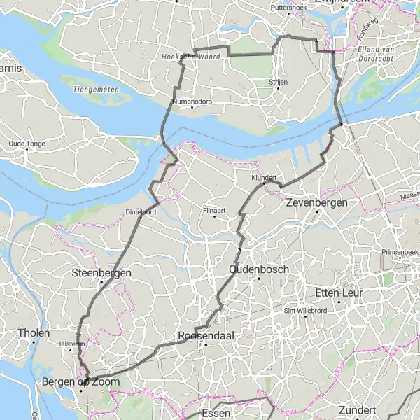 Miniatuurkaart van de fietsinspiratie "Moerdijk-Klundert Route" in Noord-Brabant, Netherlands. Gemaakt door de Tarmacs.app fietsrouteplanner