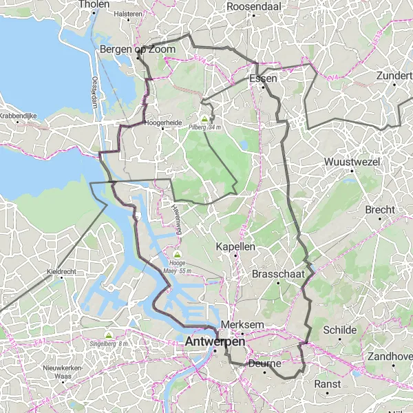 Map miniature of "Nispen and Lillo-Fort" cycling inspiration in Noord-Brabant, Netherlands. Generated by Tarmacs.app cycling route planner