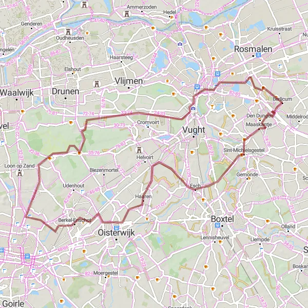 Miniatuurkaart van de fietsinspiratie "Gravelroute Berlicum - Den Dungen - Esch - Haaren - Berkel-Enschot - Uitkijkpunt - 's-Hertogenbosch" in Noord-Brabant, Netherlands. Gemaakt door de Tarmacs.app fietsrouteplanner