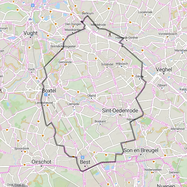 Miniatuurkaart van de fietsinspiratie "Rondrit Berlicum - Eerde - Nijnsel - Best - Lennisheuvel - Maaskantje - Berlicum" in Noord-Brabant, Netherlands. Gemaakt door de Tarmacs.app fietsrouteplanner