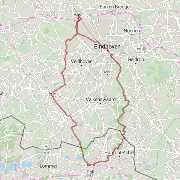 Map miniature of "Leenderstrijp Escape by Gravel" cycling inspiration in Noord-Brabant, Netherlands. Generated by Tarmacs.app cycling route planner