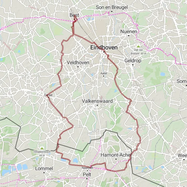 Miniatuurkaart van de fietsinspiratie "Kempen en Strabrechtse Heide Gravel Route" in Noord-Brabant, Netherlands. Gemaakt door de Tarmacs.app fietsrouteplanner