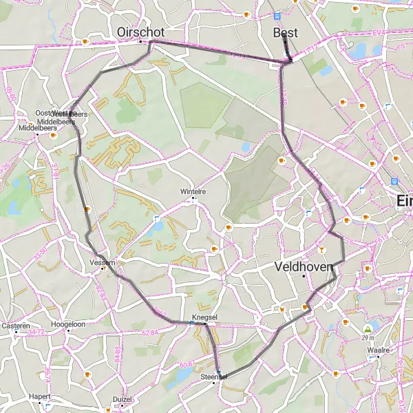 Miniatuurkaart van de fietsinspiratie "Oirschot en Omliggende Dorpen Road Route" in Noord-Brabant, Netherlands. Gemaakt door de Tarmacs.app fietsrouteplanner