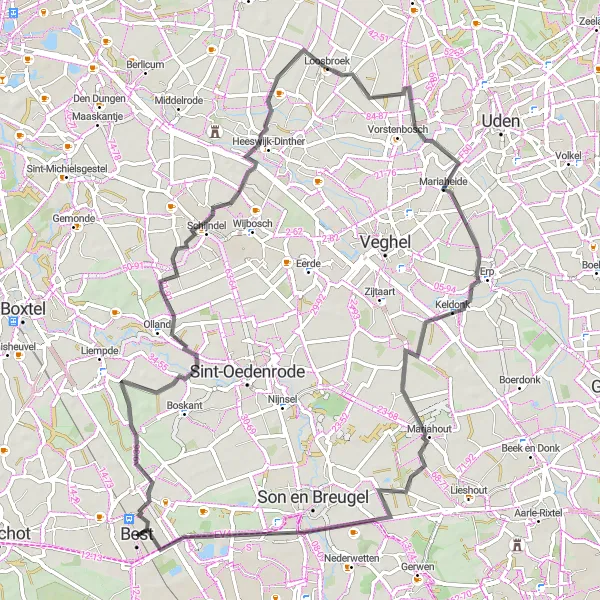 Map miniature of "Best and Surroundings" cycling inspiration in Noord-Brabant, Netherlands. Generated by Tarmacs.app cycling route planner