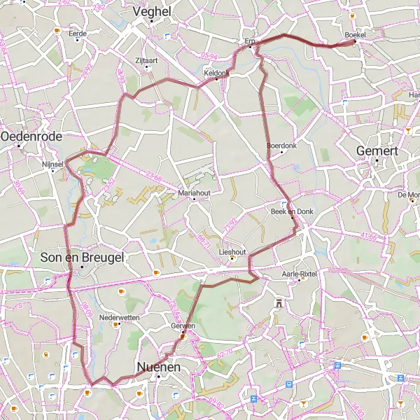 Map miniature of "Picturesque Boekel and Beek en Donk Gravel Circuit" cycling inspiration in Noord-Brabant, Netherlands. Generated by Tarmacs.app cycling route planner