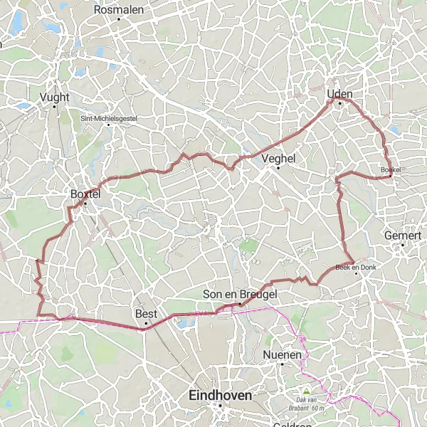 Map miniature of "Rijkerbeek and Oirschot Gravel Loop" cycling inspiration in Noord-Brabant, Netherlands. Generated by Tarmacs.app cycling route planner