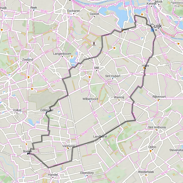 Map miniature of "Beers and Haps Loop" cycling inspiration in Noord-Brabant, Netherlands. Generated by Tarmacs.app cycling route planner