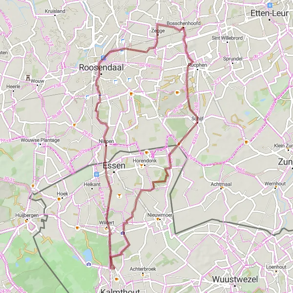 Map miniature of "Gravel Adventure in Schijf" cycling inspiration in Noord-Brabant, Netherlands. Generated by Tarmacs.app cycling route planner