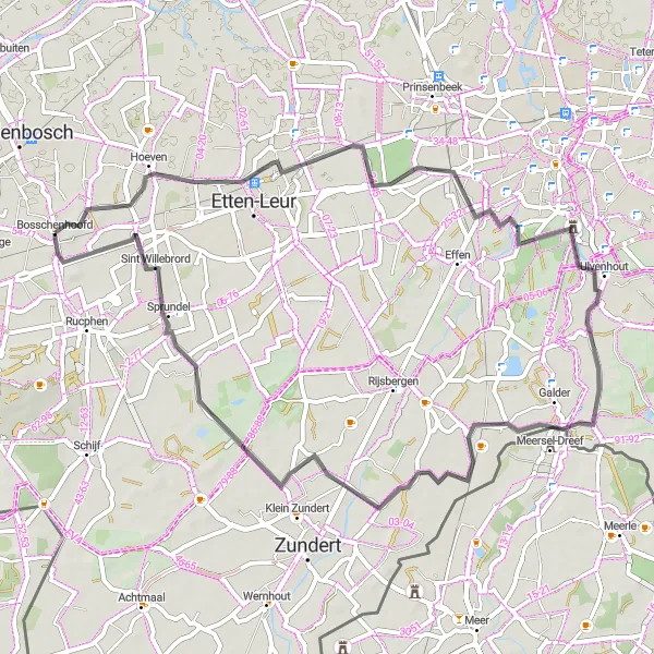 Map miniature of "Sint Willebrord Circuit" cycling inspiration in Noord-Brabant, Netherlands. Generated by Tarmacs.app cycling route planner