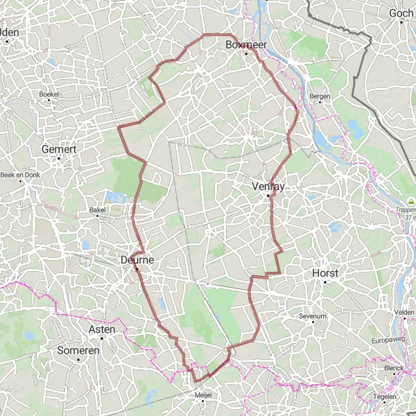 Map miniature of "Groeningen and Liessel Gravel Adventure" cycling inspiration in Noord-Brabant, Netherlands. Generated by Tarmacs.app cycling route planner